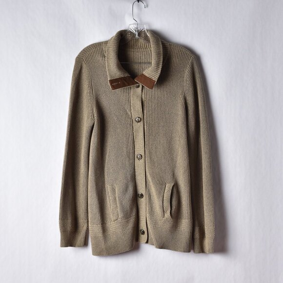Lauren Ralph Lauren Green Tan Cardigan Sweater Faux Leather Elbow Patches - Picture 1 of 4